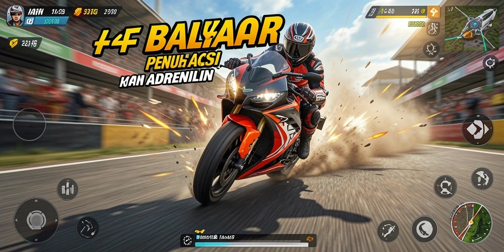 Screenshot gameplay 34R menampilkan balapan motor yang mendebarkan.