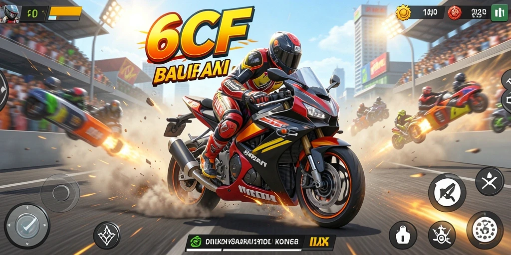 Screenshot gameplay 6CF menampilkan aksi balapan motor yang mendebarkan.