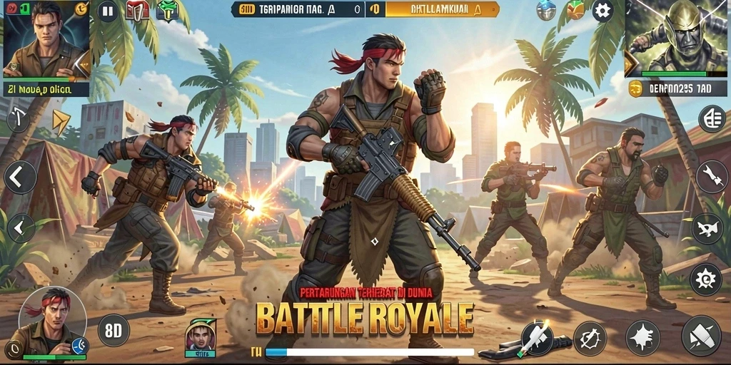 Screenshot utama 8ID menampilkan aksi tempur dalam mode Battle Royale.