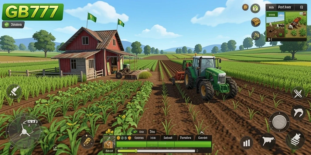 Screenshot gameplay GB777 dengan aktivitas pertanian yang intens.