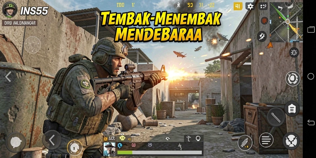 Screenshot gameplay INS55 yang menampilkan aksi tembak-menembak mendebarkan.