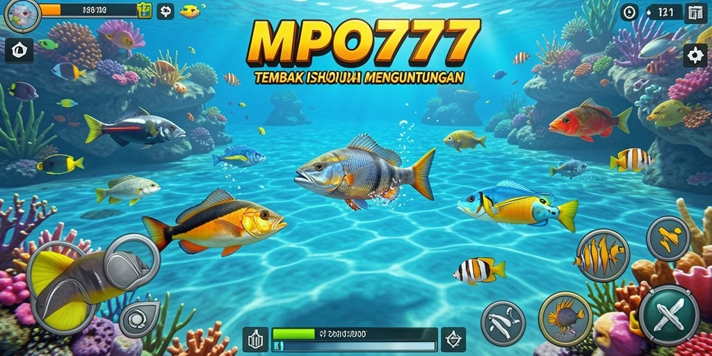Tampilan screenshot MPO777 menampilkan keseruan menembak ikan di bawah laut.