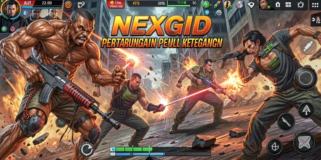 Screenshot utama NEXGID menunjukkan aksi pertarungan yang mendebarkan.