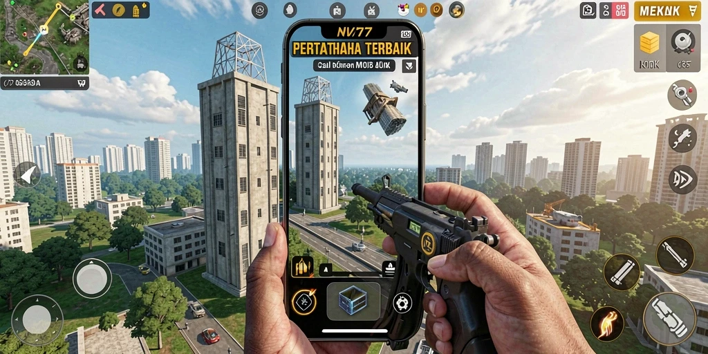 Screenshot NV77 menampilkan aksi seru pertahanan menara.