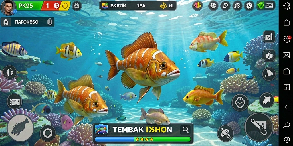 Gameplay PK95 yang seru dengan berbagai ikan menunggu untuk ditangkap.