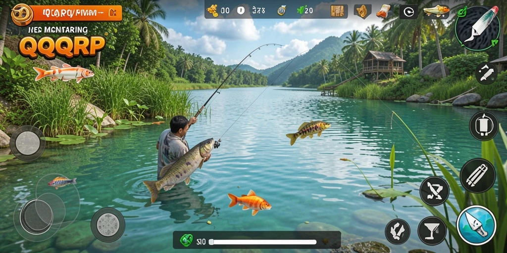Screenshot dari gameplay QQRP menampilkan suasana memancing yang menakjubkan.