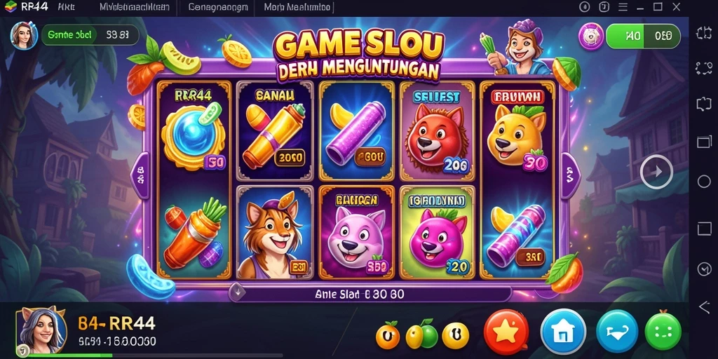 Tampilan gameplay RR44 dengan gulungan slot yang berputar dan fitur bonus.