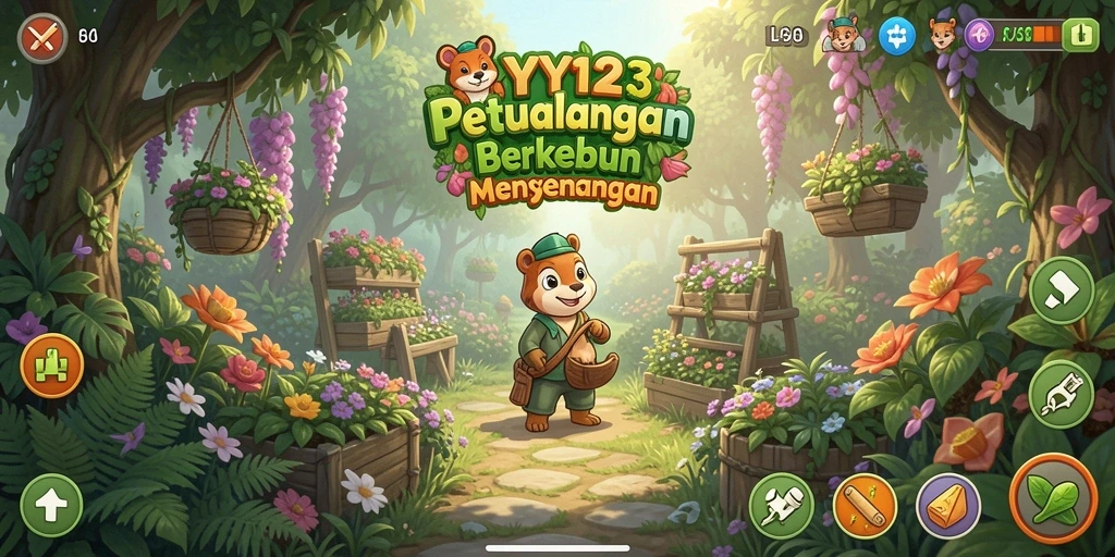 Screenshot gameplay YY123 menampilkan ladang yang subur dan penuh warna.